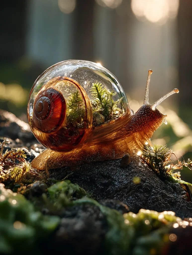A snail with a transparent shell encasing a miniature terrarium crawls across a mossy rock.  Sunlight illuminates the scene, highlighting the delicate moss and the snail's amber-toned body. The miniature garden within the shell adds a whimsical, surreal element to the image, creating a captivating contrast between nature and artistry.  The overall effect is one of peaceful beauty.