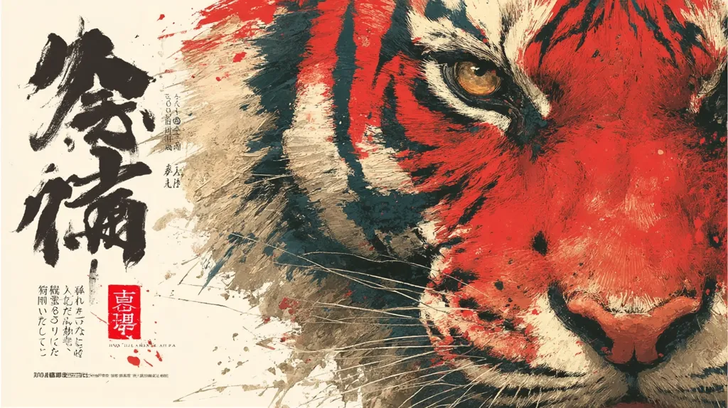 A striking close-up of a tiger's face dominates the artwork.  Rendered in bold strokes of red, black, and beige, the tiger's intense gaze is emphasized.  Japanese calligraphy overlays the image, adding a layer of cultural significance.  The style blends abstract expressionism with a traditional Asian aesthetic, creating a powerful and visually arresting piece.