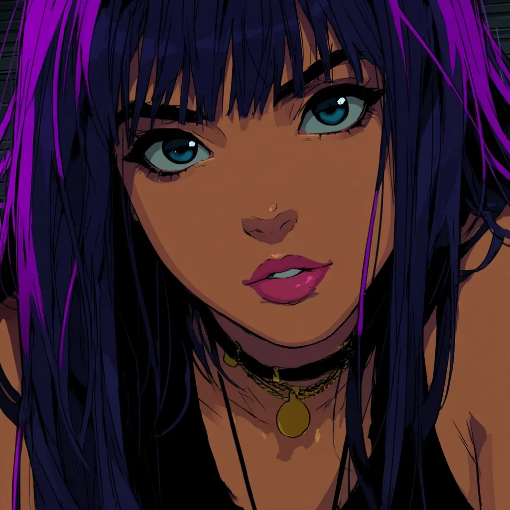 Close-up illustration of a young woman with vibrant purple hair styled with bangs. She has striking blue eyes, tan skin, and full lips painted pink.  She wears a black choker and a gold pendant necklace. The style is reminiscent of anime or graphic novel art, with bold lines and saturated colors. Her expression is calm and direct, engaging the viewer.