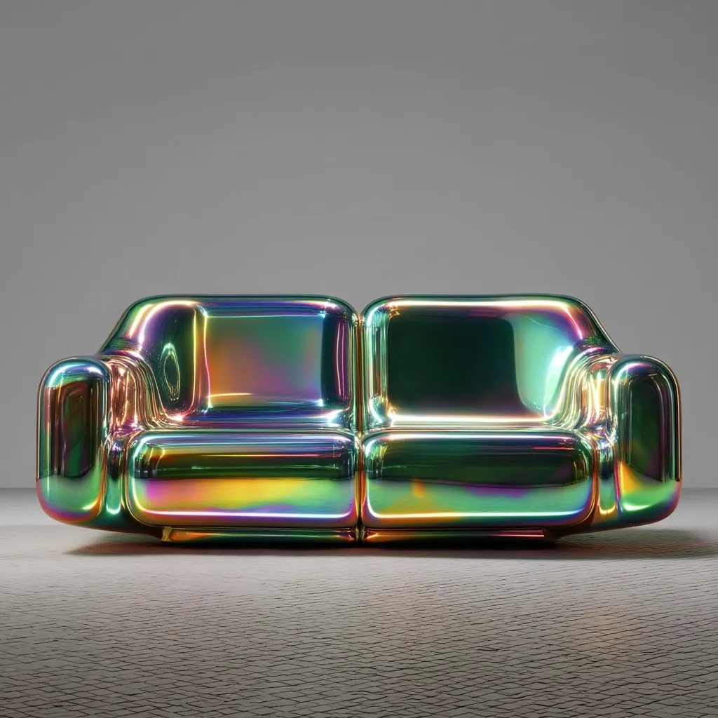 A modern, two-seater sofa is showcased against a neutral gray backdrop.  Its striking feature is the iridescent, metallic finish, shifting between greens, blues, and golds depending on the light.  The sofa's design is sleek and modular, with smooth, rounded forms. The overall impression is one of futuristic elegance and luxurious design.