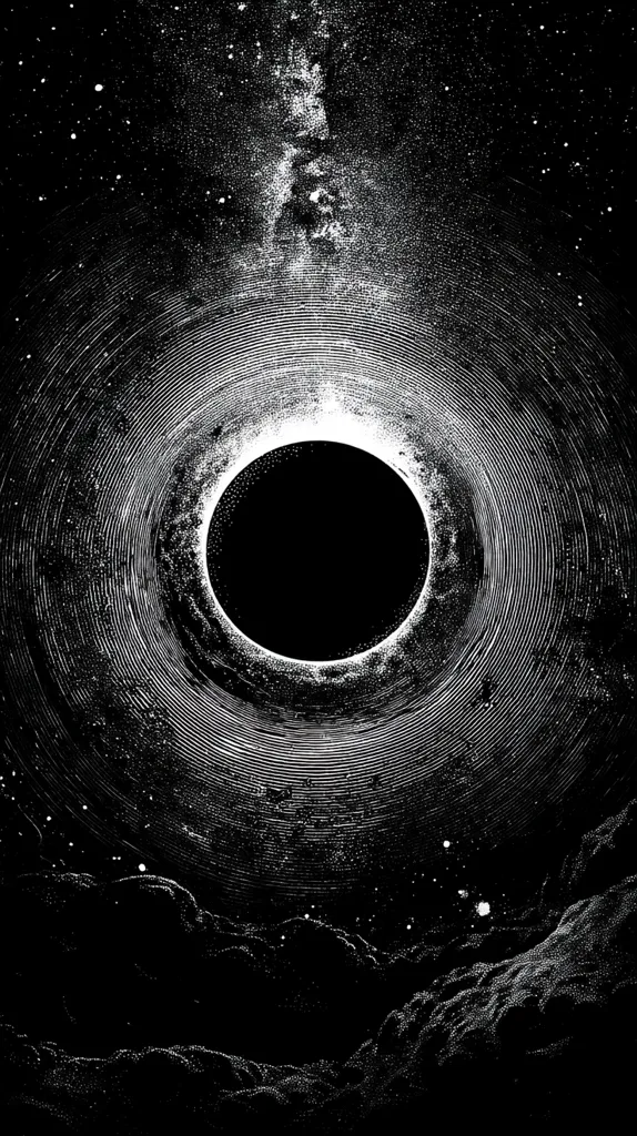 A monochrome illustration depicts a celestial scene. A large, dark circle, possibly a planet or black hole, is centrally positioned, encircled by concentric rings radiating outwards.  The background features a starry sky with a suggestion of a nebula or milky way.  At the bottom, a textured, mountainous landscape is visible, adding depth to the cosmic setting. The style is reminiscent of a vintage astronomical print or etching.