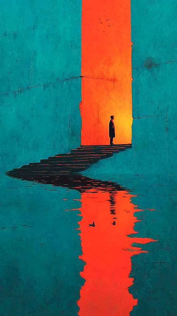 A solitary figure stands at the top of a dark staircase leading to a vibrant orange gateway, set within teal walls. The scene is reflected in calm water below, creating a mirrored image.  Birds fly above, adding to the surreal and contemplative atmosphere of the artwork. The contrasting colors of orange and teal are striking, creating a visually arresting image.