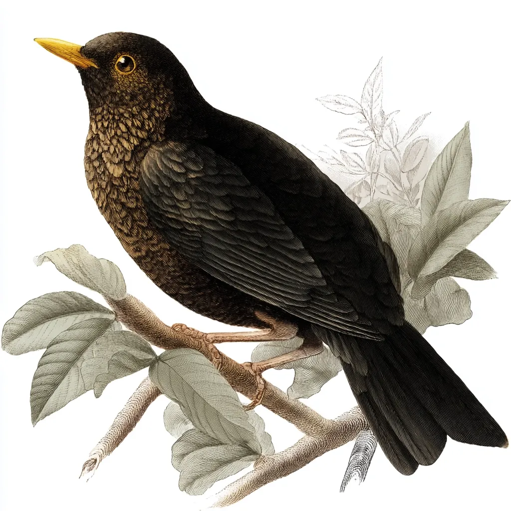 A detailed illustration depicts a blackbird perched on a branch.  The bird is predominantly dark brown and black, with a yellowish beak. Its plumage is meticulously rendered, showcasing individual feathers. It is positioned against a backdrop of muted gray-green foliage, suggesting a natural habitat. The style is reminiscent of antique ornithological prints.