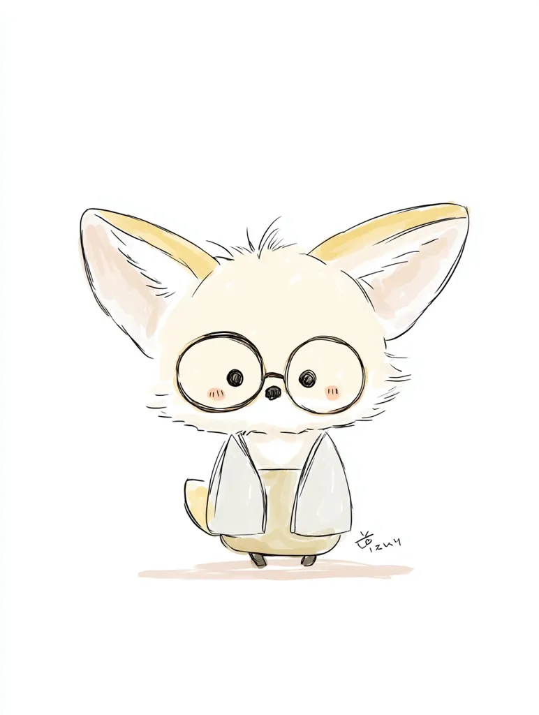 A cute cartoon fennec fox is depicted wearing round glasses and a light-colored jacket.  The fox has large ears, soft fur, and rosy cheeks.  The drawing style is simple and whimsical, with soft lines and pastel colors, giving it a gentle and charming appeal. The overall impression is one of sweetness and innocence.