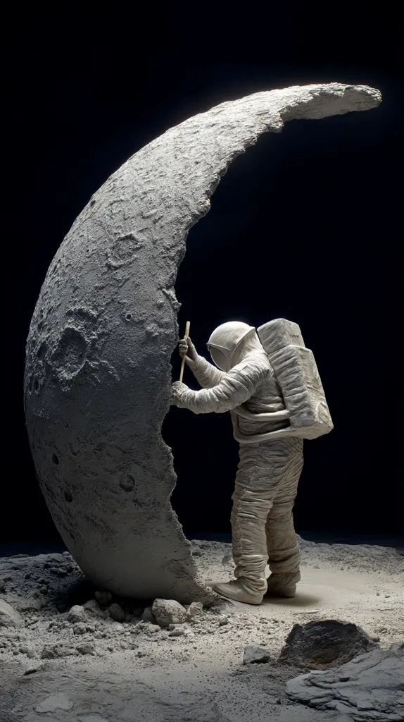 A monochromatic sculpture depicts an astronaut meticulously chipping away at a large, crescent-shaped lunar rock.  The astronaut, rendered in realistic detail, is clad in a spacesuit and uses a small tool. The scene is set against a stark black background, emphasizing the lunar landscape and the astronaut's solitary task. The texture of the moon rock and astronaut suit is realistically portrayed.