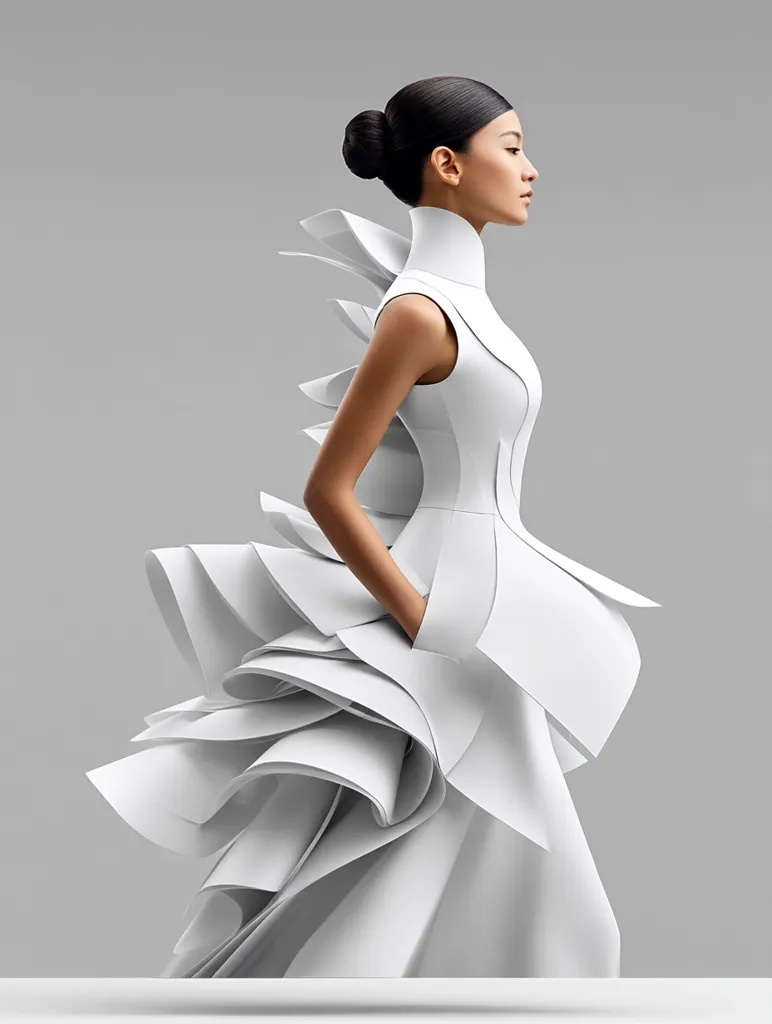 A woman with a sleek bun models a striking avant-garde gown. The dress, in a pristine white, features a high, structured neckline and a dramatic, layered skirt composed of numerous sculpted, petal-like forms. The design is minimalist yet powerfully expressive, showcasing a sophisticated blend of form and texture. The model's posture and the dress's shape create a sense of elegant movement.
