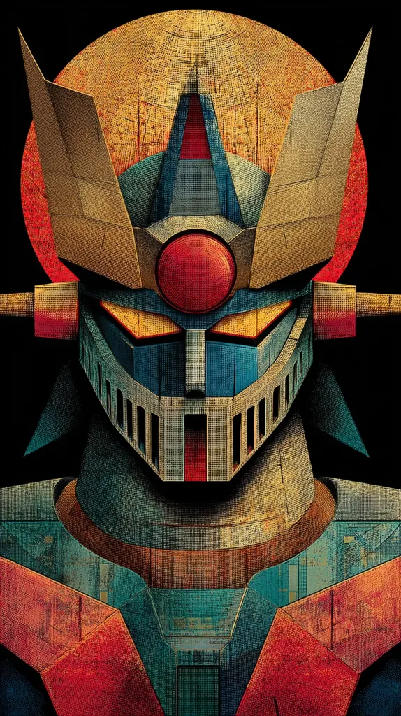 A stylized close-up portrait of a mecha, possibly a robot from an anime series.  The artwork features a textured, pointillist style with a color palette of deep blues, reds, oranges, and golds.  The mecha's face is prominent, showcasing intricate detailing and a large central red circle. A large sun or similar circular element is behind the head. The overall impression is one of power and retro-futurism.