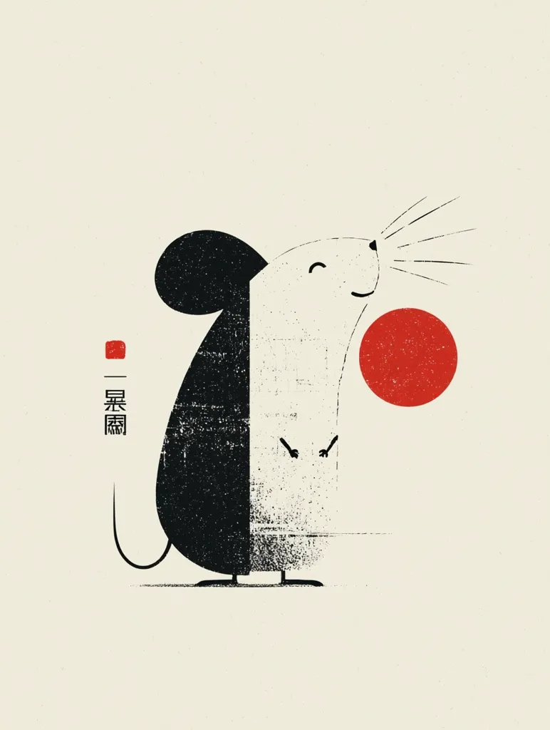 A minimalist illustration depicts a stylized mouse, half black and half white, facing right.  Its simple features and textured body convey a sense of serenity.  A red circle sits to its right, suggesting a sun or moon.  Japanese characters, likely relating to the Year of the Mouse, are placed to the left. The overall style is modern and subtly incorporates traditional elements.