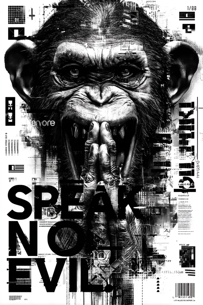 A black and white image depicts a chimpanzee's face, its mouth agape, hands clasped in front, resembling a prayer.  The image is overlaid with fragmented text and graphic elements, creating a collage effect.  The words "SPEAK NO EVIL" are prominently displayed in bold, black font. The overall aesthetic is gritty and powerful, blending animalistic intensity with abstract design.  A numbered sequence "1/88" suggests it's part of a larger series.