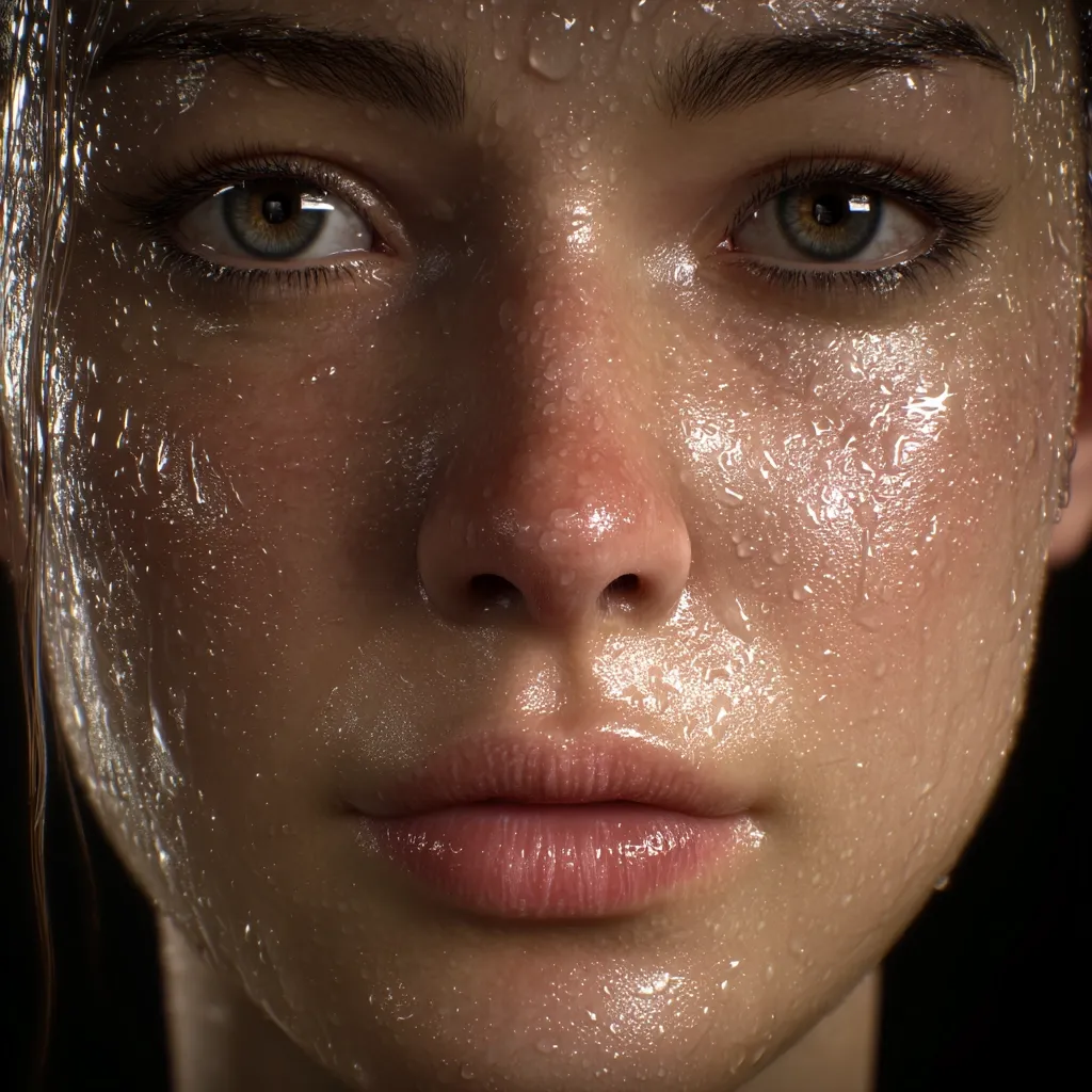 A close-up shot reveals a young woman's face, glistening with perspiration.  Water droplets cling to her skin, highlighting her delicate features: expressive eyes, a straight nose, and full lips. The image's focus is on the realistic rendering of the wet skin texture, creating a sense of immediacy and vulnerability. The dark background emphasizes the contrast and accentuates the details of her face.