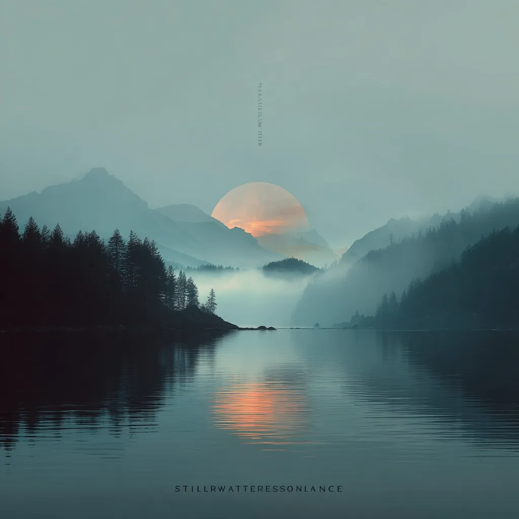 A serene landscape featuring a large, glowing sun setting behind misty mountains reflected in a calm lake.  Dark evergreen trees line the shoreline, creating a tranquil and peaceful atmosphere. The image is muted in color, predominantly blues and greens, enhancing the sense of stillness and quietude.  The text "STILLWATERESSONLANCE" is subtly placed at the bottom.