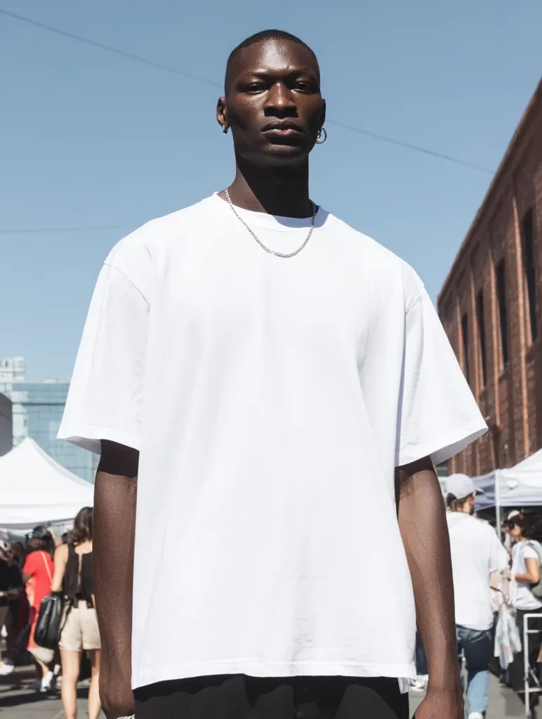 A dark-skinned man with short hair stands outdoors, wearing a simple white oversized t-shirt and a silver chain necklace.  He's looking directly at the camera.  The background is slightly blurred but shows an urban setting with brick buildings and people at an outdoor market. The sun is bright, casting a slight shadow on his face.