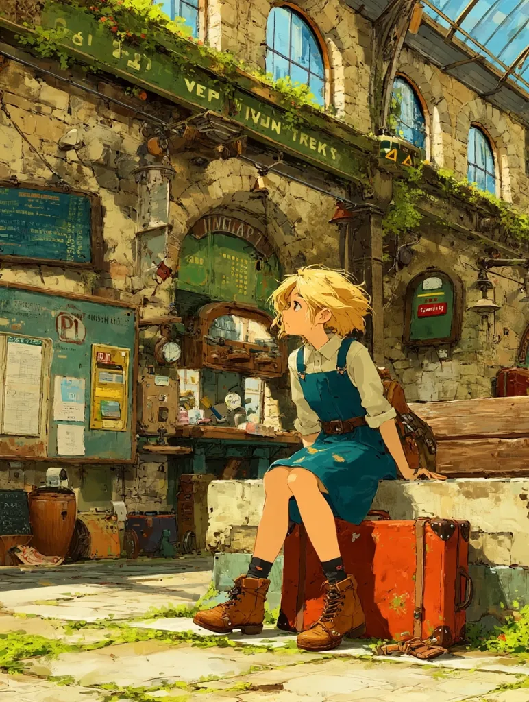A young girl with blonde hair sits on a stone bench at an old train station, gazing upwards.  She wears a teal dress and sturdy boots, a backpack rests beside her and an old orange suitcase sits at her feet. The station is detailed, with aged stone walls, weathered signs, and overgrown plants.  Sunlight streams into the scene, highlighting the aged architecture and the girl's contemplative pose.  The overall style is reminiscent of a vintage illustration or painting.
