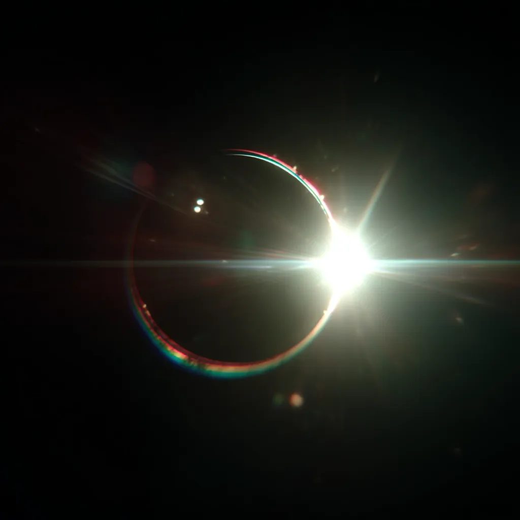 A captivating image captures a solar eclipse, showcasing the sun's corona as a bright ring around the moon's silhouette.  The intense light creates starbursts and lens flares, adding to the dramatic celestial event. The dark background emphasizes the brightness of the sun's corona and the surrounding light effects.  The colors in the corona hint at the different wavelengths of light.