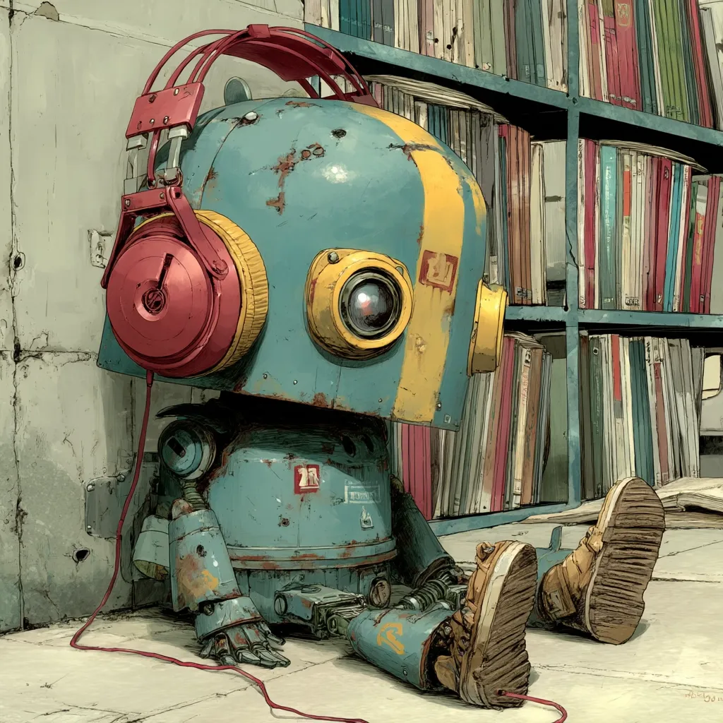 A rusty, teal and yellow robot sits on the floor beside a bookshelf filled with books and records.  The robot wears oversized red headphones and scuffed shoes.  Its body shows signs of wear and age, conveying a sense of nostalgia and quiet contemplation. The scene is illustrated in a detailed, vintage style.