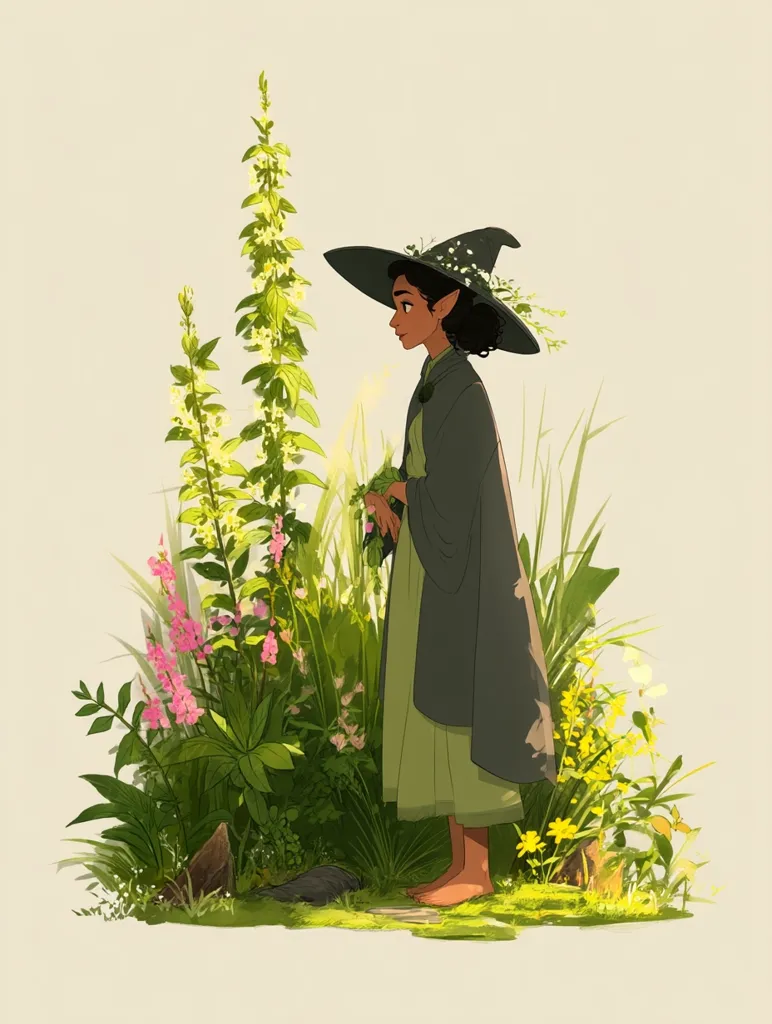 A young, dark-skinned elf, adorned in a flowing green robe and a wide-brimmed witch's hat, stands amidst a vibrant garden.  She delicately holds a bunch of wildflowers, her pointed ears peeking from beneath the hat's brim.  Sunlight bathes the scene, illuminating the lush greenery and wildflowers in shades of pink, yellow, and green. The overall style is whimsical and enchanting.