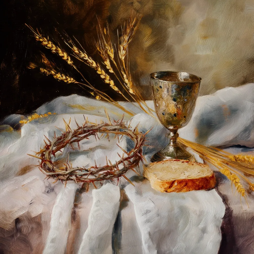 A still life painting depicts a crown of thorns resting on a white cloth alongside wheat stalks, a slice of bread, and a silver chalice.  The arrangement suggests religious symbolism, possibly representing the Eucharist or elements of the Passion of Christ. The painting is rendered in a realistic style with visible brushstrokes, showcasing a rich palette of muted browns, golds, and whites. The overall mood is somber and contemplative.