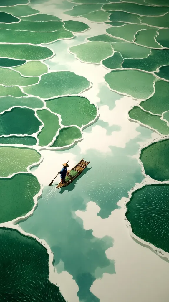 An aerial view showcases a serene landscape of vibrant green rice paddies, meticulously divided by narrow waterways.  A lone figure in a small boat navigates the tranquil channels, adding a sense of scale and quiet solitude to the scene. The artist's style emphasizes the lush greens and the peaceful atmosphere of the rice fields.