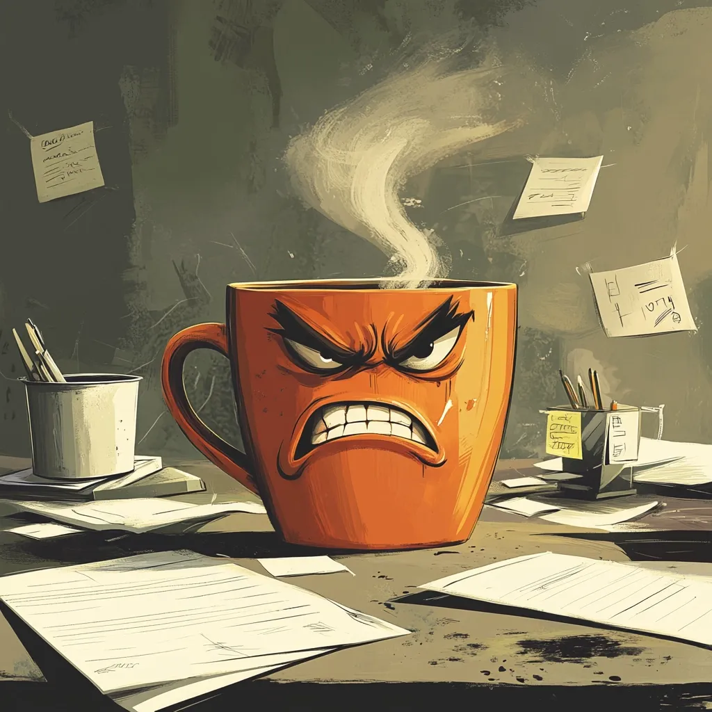 An angry-faced orange mug sits on a cluttered desk amidst papers and stationery.  Steam rises from its contents, suggesting hot coffee or tea. The overall style is cartoonish, with exaggerated features on the mug's face conveying frustration and possibly stress.  Sticky notes litter the background, adding to the sense of a busy, possibly overwhelming workspace.