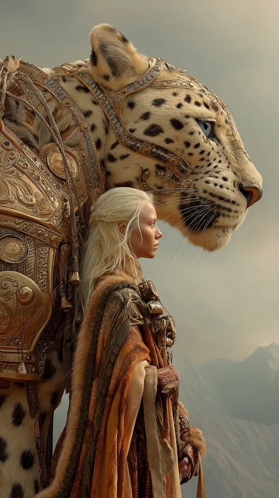 A blonde woman, clad in earthy tones and furs, stands beside a majestic leopard adorned in ornate golden armor.  The leopard, with piercing blue eyes, is a powerful presence, mirroring the woman's strength. The backdrop is a hazy mountainous landscape, emphasizing the epic and fantastical nature of the scene.  The image suggests a bond of loyalty and shared power between the warrior and her magnificent beast.