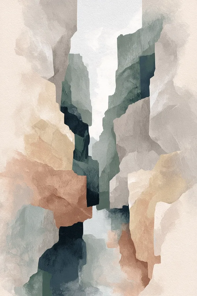 An abstract watercolor painting depicts a canyon-like landscape.  Earthy tones of beige, taupe, and muted greens and blues create a sense of depth and texture.  The forms are loosely defined, suggesting rock formations or cliffs.  The overall effect is serene and minimalist, evoking a feeling of calm and spaciousness. The colors blend softly, creating a tranquil atmosphere.