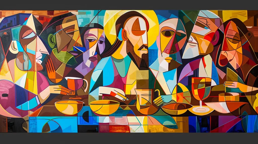 A vibrant, cubist-style painting depicts the Last Supper.  Jesus, central and with a halo, sits at a table with his disciples.  Their faces and forms are fragmented into geometric shapes, rendered in bold, contrasting colors of blues, yellows, reds, and purples.  The scene is dynamic and expressive, showcasing a modern interpretation of a classical biblical theme.  The artist employs sharp lines and angular shapes to create a powerful and visually engaging piece.
