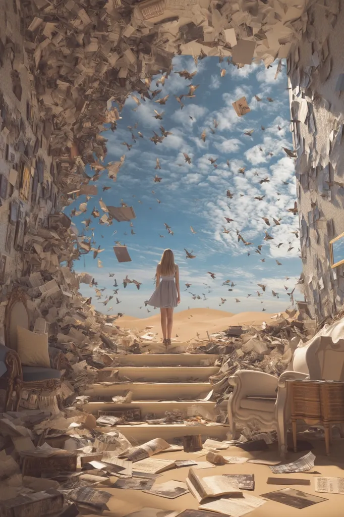 A woman in a light blue dress stands on a staircase amidst a surreal landscape.  The scene is dominated by a crumbling structure of papers and books, creating a pathway leading to a desert vista under a sky filled with flying birds. The overall tone is dreamlike and suggests a transition or escape from a world of overwhelming information.  The image evokes a sense of mystery and quiet contemplation.