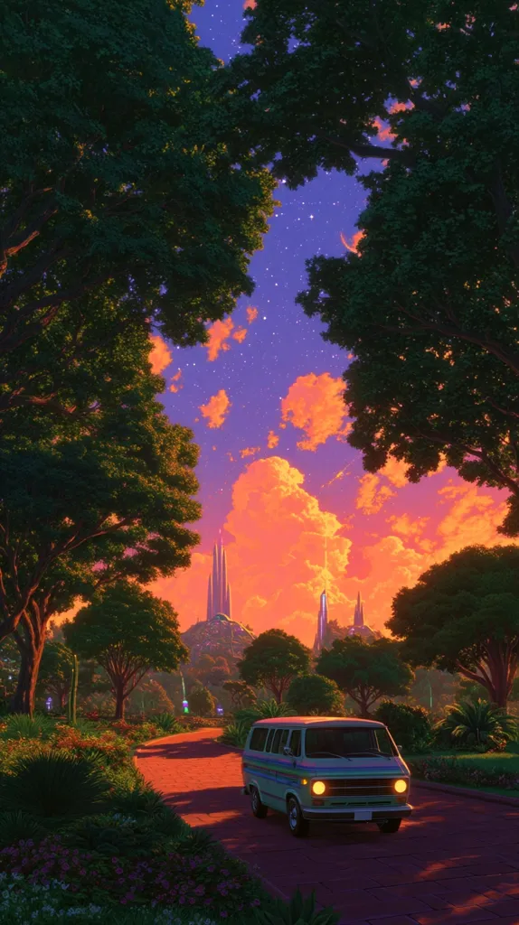 A vintage van drives down a tree-lined road, bathed in the warm glow of a vibrant sunset.  Tall, futuristic structures are visible in the distance, silhouetted against an orange and purple sky sprinkled with stars. Lush greenery and colorful flowers border the path, creating a tranquil, idyllic scene. The overall aesthetic is retro-futuristic and dreamy.