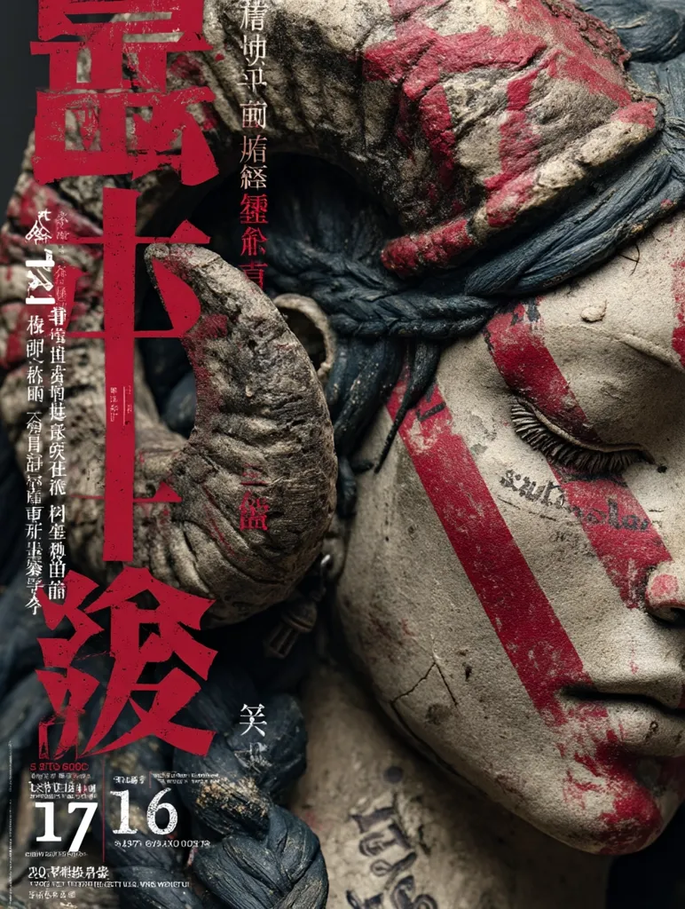 A close-up reveals a weathered, sculpted figure, possibly a mask or statue, adorned with red and white markings resembling tribal paint.  The texture is rough, suggesting age and decay.  The image's dark, gritty aesthetic evokes a sense of antiquity and mystery.  Chinese characters surround the figure, adding to its enigmatic nature.  The overall impression is one of intense artistic expression and narrative depth.