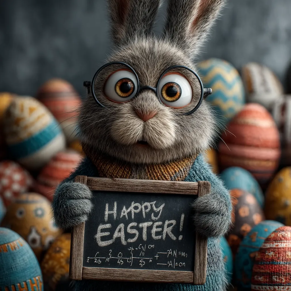 A cute, gray, cartoon bunny wearing glasses and a sweater holds a chalkboard that says "Happy Easter!"  The bunny has a slightly surprised expression.  The chalkboard also features some mathematical equations.  The bunny is surrounded by a pile of colorful, decorated Easter eggs.