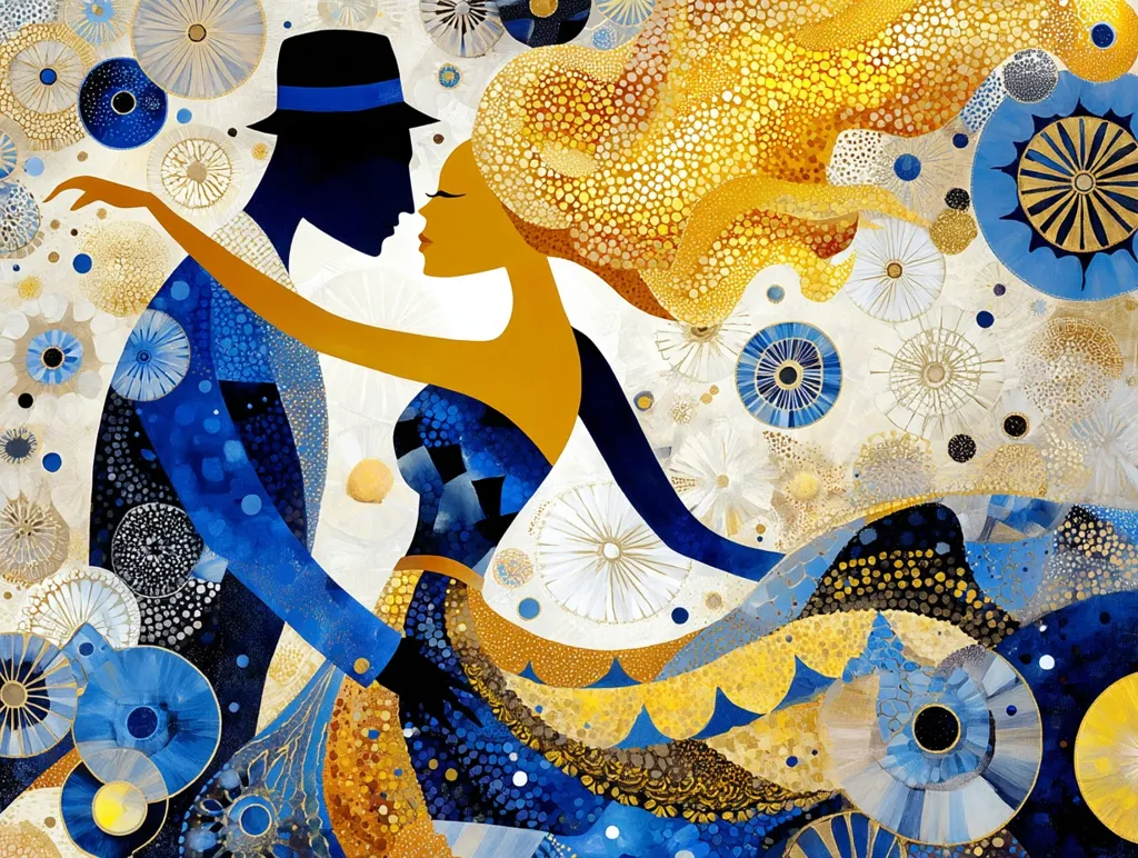 An abstract painting depicts a couple embracing. The man, in a blue suit and hat, holds the woman, whose flowing golden hair blends with a swirling, colorful background.  The artwork is rich in texture, utilizing blues, golds, and whites in a mosaic-like style, punctuated by circular patterns reminiscent of flowers or celestial bodies. The overall mood is romantic and dreamlike.