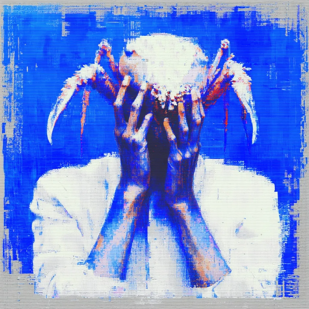 A stylized digital painting depicts a figure with hands clasped over their face, obscuring their features. A large crab sits atop their head. The color palette is predominantly blue and white, with a textured background suggesting brushstrokes or digital distortion. The overall mood is melancholic and surreal, hinting at themes of burden or concealment. The style is expressive, prioritizing emotional impact over realism.