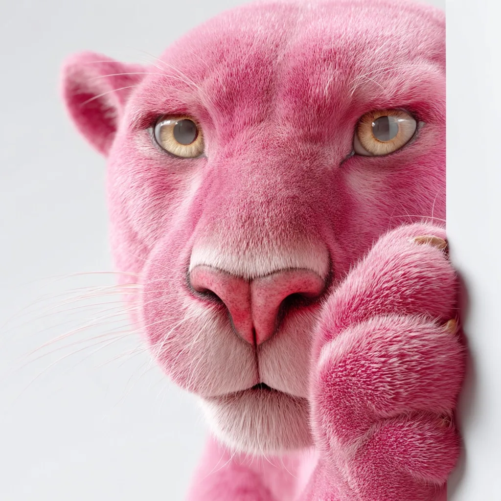 A close-up reveals a vibrant pink panther, its fur luxuriously soft.  Golden eyes peer inquisitively from behind a partially obscured face, as a paw delicately grasps a white surface.  The image showcases the animal's detailed texture and expressive features, creating a striking visual contrast.  Its pink hue is uniform and intensely saturated.