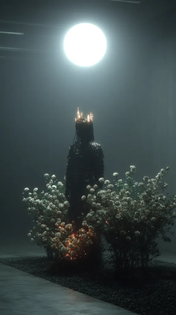 A dark, silhouetted figure, crowned and robed, stands amidst glowing white roses under a bright, ethereal moon.  The scene is moody and atmospheric, with a mysterious and slightly melancholic feel.  The contrast between the dark figure and the luminous flowers creates a visually striking image. The setting appears to be an outdoor space, possibly a garden, with a paved area in the foreground.
