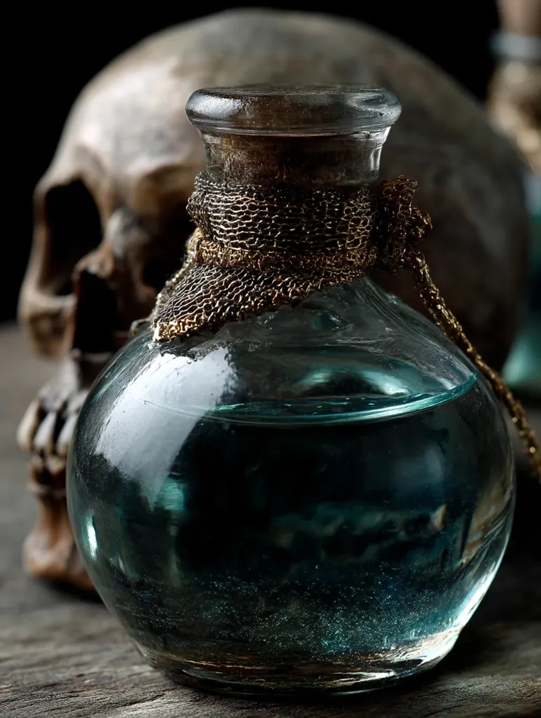 A vintage glass bottle, secured with a metallic cord, rests on a wooden surface.  The bottle contains a dark teal liquid.  A human skull is blurred in the background, creating a dramatic, almost mystical ambiance. The overall setting suggests a potion or elixir, hinting at themes of alchemy or the occult.