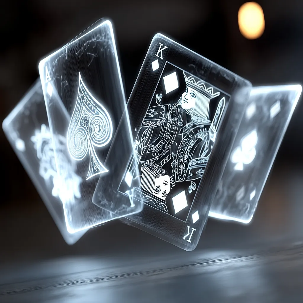 Three translucent playing cards float in a dark space, illuminated from within.  A King of Diamonds card is central, flanked by two Ace of Spades cards.  The cards appear almost ethereal, with a smoky, glowing effect. The scene suggests a high-stakes game or a futuristic, fantasy setting.  The dark background and sharp focus on the cards create a dramatic visual.