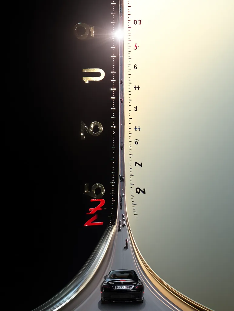 A stylized image depicts a speedometer needle sweeping across a highway.  The numbers on the speedometer are mirrored on either side of the road, suggesting a journey through time or distance.  A black Mercedes-Benz sedan drives along the center, small figures and motorcycles trailing behind. The overall aesthetic is sleek and modern, emphasizing speed and luxury.