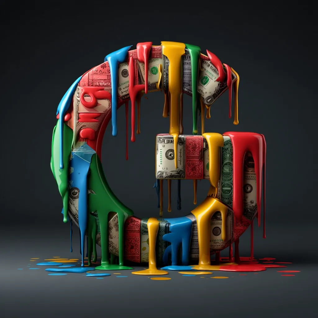 A three-dimensional rendering depicts the Google "G" logo constructed from stacks of US dollar bills.  The logo is coated in vibrant, dripping paint in Google's signature colors—red, yellow, blue, and green. The paint flows down the sides, creating a dynamic and visually striking effect, suggesting the immense wealth associated with the tech giant.  The dark background accentuates the colorful logo.