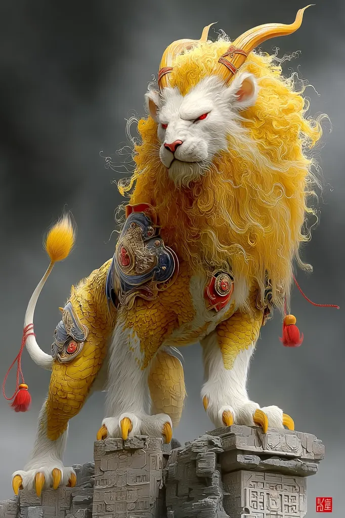A majestic, digitally rendered lion dominates the image.  Its long, flowing golden mane contrasts with its white body.  Intricate, ornate armor adorns its shoulders, adding to its regal appearance.  The lion possesses sharp claws and glowing red eyes, perched atop ancient-looking stone blocks with indecipherable carvings, enhancing its mythical presence.  A long, yellow tail tipped with red tassels completes the fantastical design.