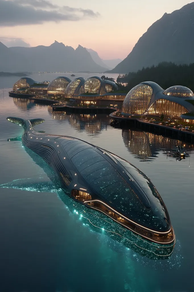 A futuristic whale-shaped vessel glides on tranquil waters at twilight, illuminated by internal lights.  Behind it, a modern architectural complex of glass-domed buildings rests on the shore, nestled amidst a stunning mountain range.  The scene evokes a blend of technological advancement and natural beauty. The overall impression is one of serene elegance and innovative design.