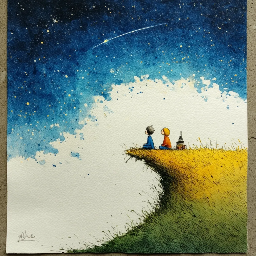 A watercolor painting depicts two small figures seated on a grassy cliff edge, gazing at a night sky filled with stars and a shooting star.  The style is whimsical and evocative, with soft washes of color and delicate line work. The scene suggests a peaceful moment of contemplation under a vast and beautiful celestial expanse. A small structure is visible near the figures, adding a touch of mystery to the scene.