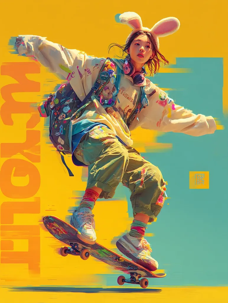 A vibrant digital painting depicts a young woman skateboarding.  She wears a cream hoodie, cargo pants, colorful socks, and bunny ear headbands.  Her backpack is adorned with patches. The style is dynamic, with a motion blur effect and bold, contrasting colors of yellow, teal, and orange.  The word "Kickflip" is stylized in the corner, suggesting a skateboarding maneuver. The overall impression is one of youthful energy and style.