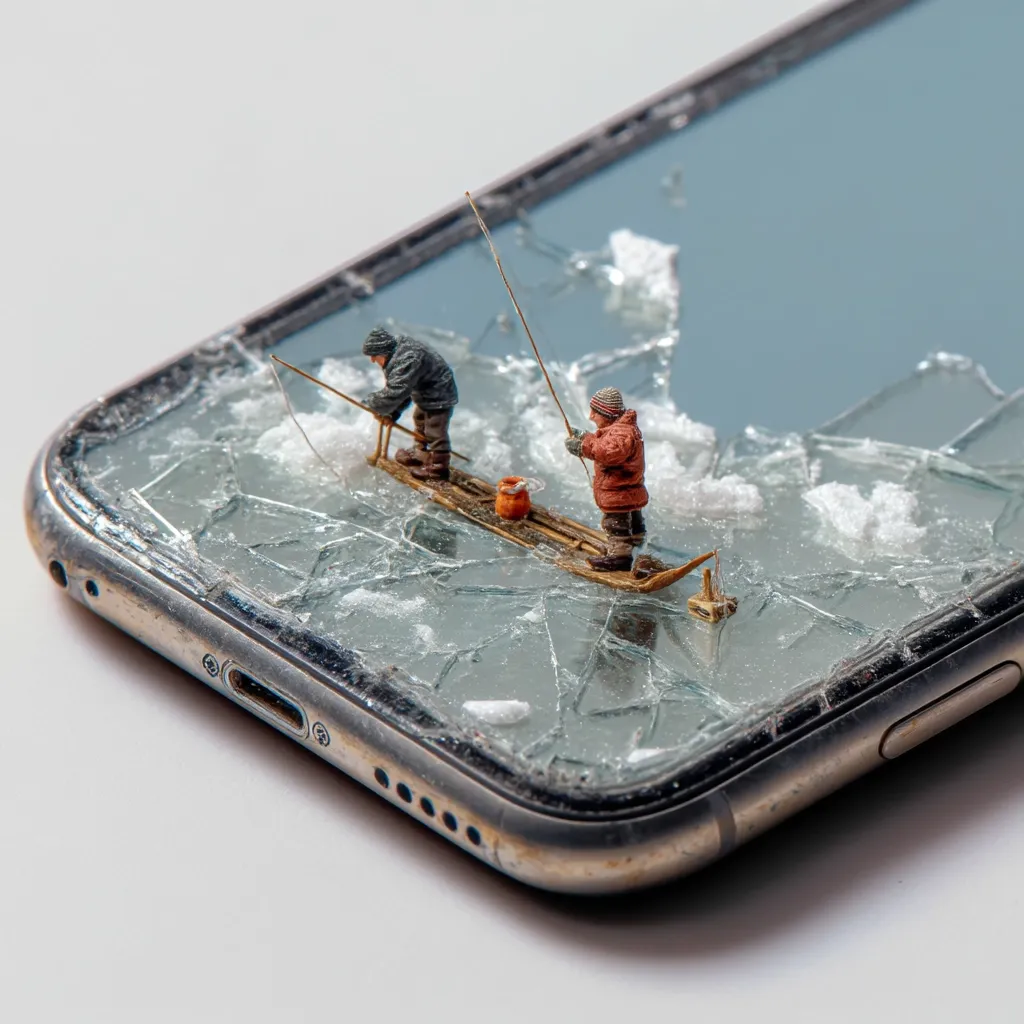 Two miniature fishermen stand on a small raft, ice fishing on a cracked smartphone screen.  The shattered glass resembles a frozen lake.  The scene is a creative juxtaposition of scale and context, highlighting the fragility of technology contrasted with the enduring pursuit of traditional activities.  The image is sharply focused, emphasizing the detail of the miniature figures and the broken screen.