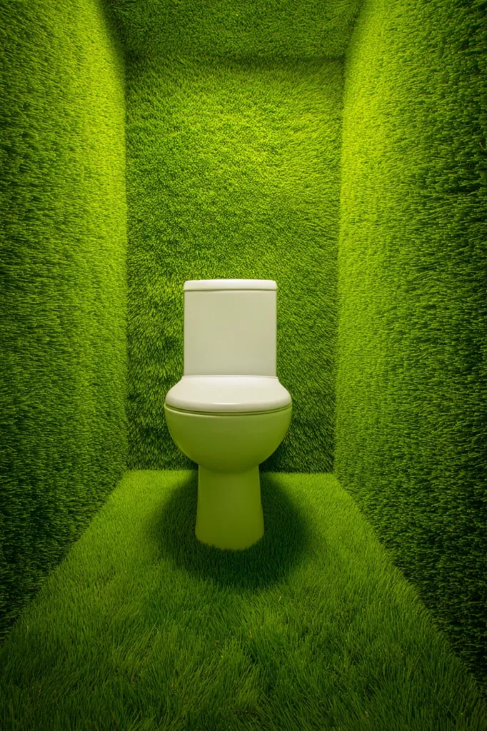 A white toilet sits in a small room entirely covered in bright green artificial grass.  The grass covers the walls, floor, and even the ceiling, creating a surreal and unusual restroom.  The toilet is positioned centrally, providing a stark contrast to the vibrant green surroundings. The scene is well-lit, highlighting the texture of the grass.