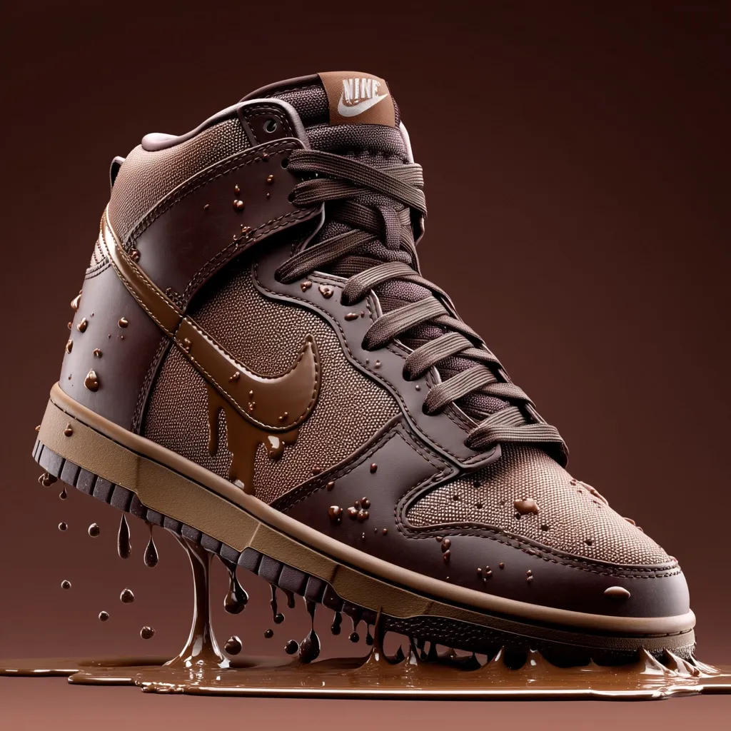 A brown Nike Dunk high-top sneaker is depicted, seemingly submerged in melted chocolate.  Chocolate drips from the shoe and pools on the surface below.  The Nike swoosh is also covered in the chocolate, creating a decadent and visually striking image. The shoe appears to be made of a canvas-like material, and the overall aesthetic is one of rich, luxurious chocolate.