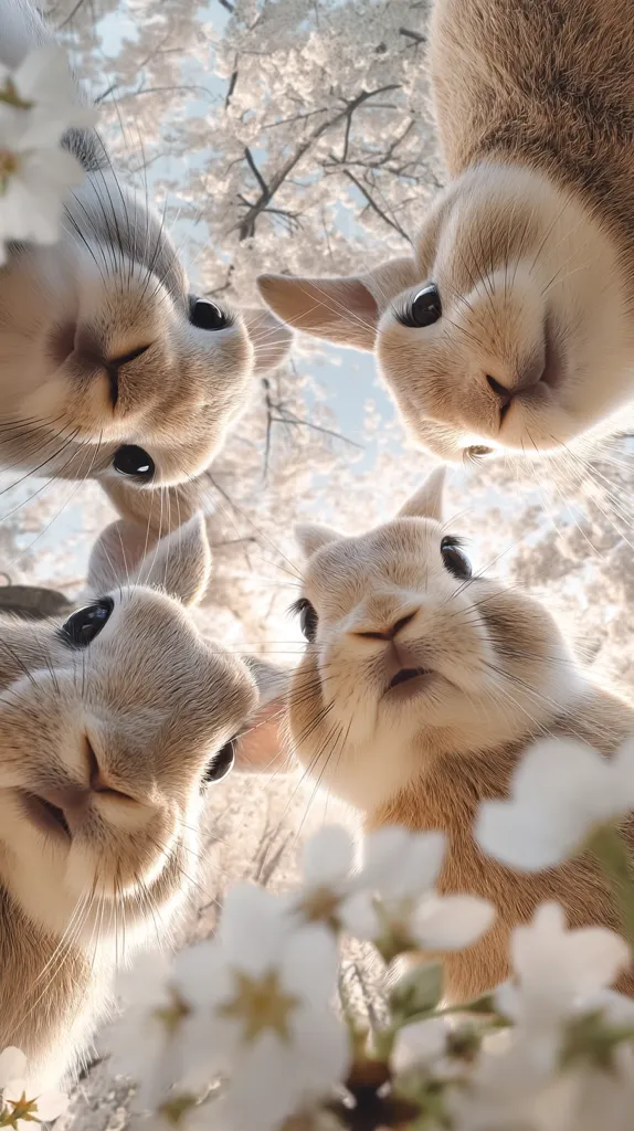 Four adorable bunnies gaze upward, their fluffy faces close to the camera.  They are surrounded by delicate white blossoms, likely cherry blossoms, creating a charming springtime scene.  The bunnies' soft fur and curious expressions add to the image's overall cuteness. The perspective is from below, enhancing their endearing appearance.