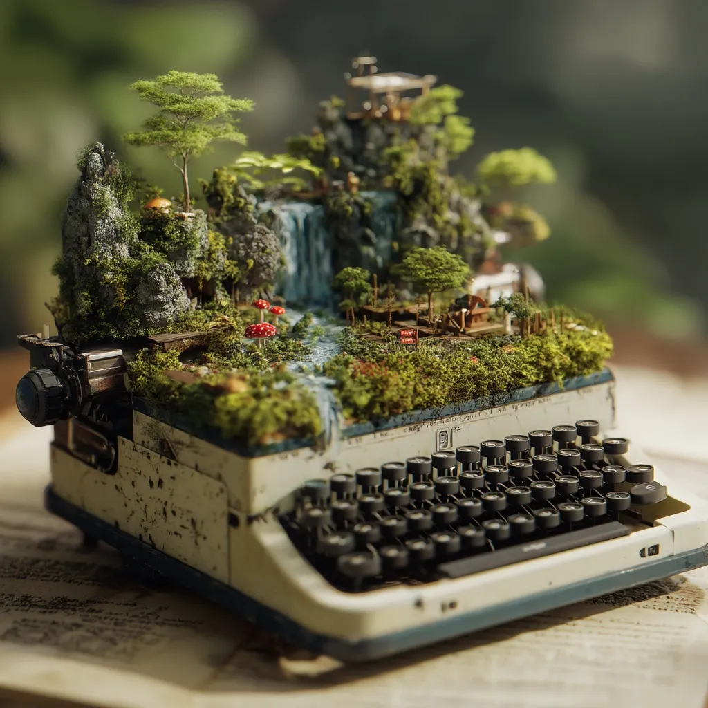 A miniature, lush landscape thrives atop an antique typewriter.  Tiny trees, a waterfall, mushrooms, and miniature structures create a whimsical scene.  The typewriter, aged and worn, provides a unique base for this intricate diorama, suggesting a blend of nature and storytelling. The overall effect is one of charming artistry and creative imagination.