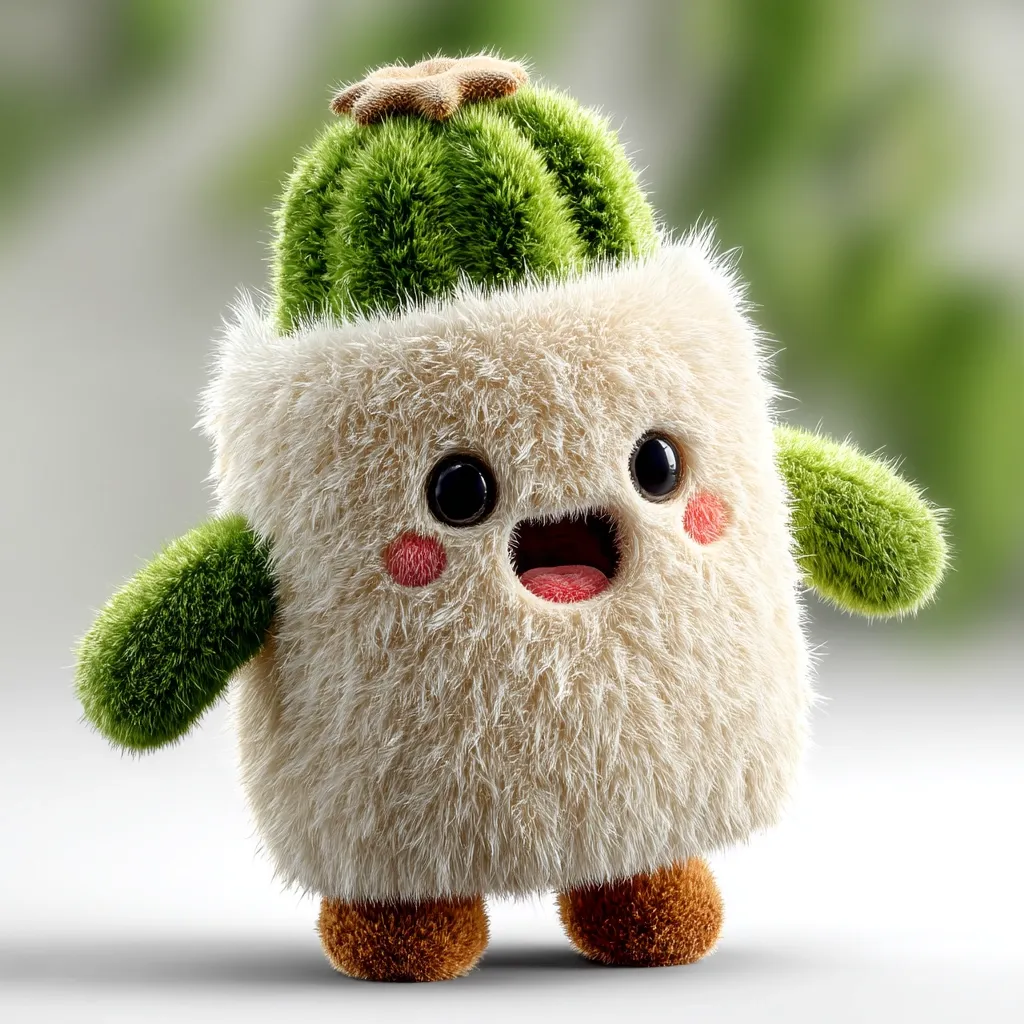 A fluffy, cream-colored creature with big, expressive eyes and a wide smile.  Atop its head sits a miniature, vibrant green cactus.  Its short arms are also textured like the cactus. The overall design is cute and playful, suggesting a friendly, cartoonish character.  The creature appears soft and cuddly.