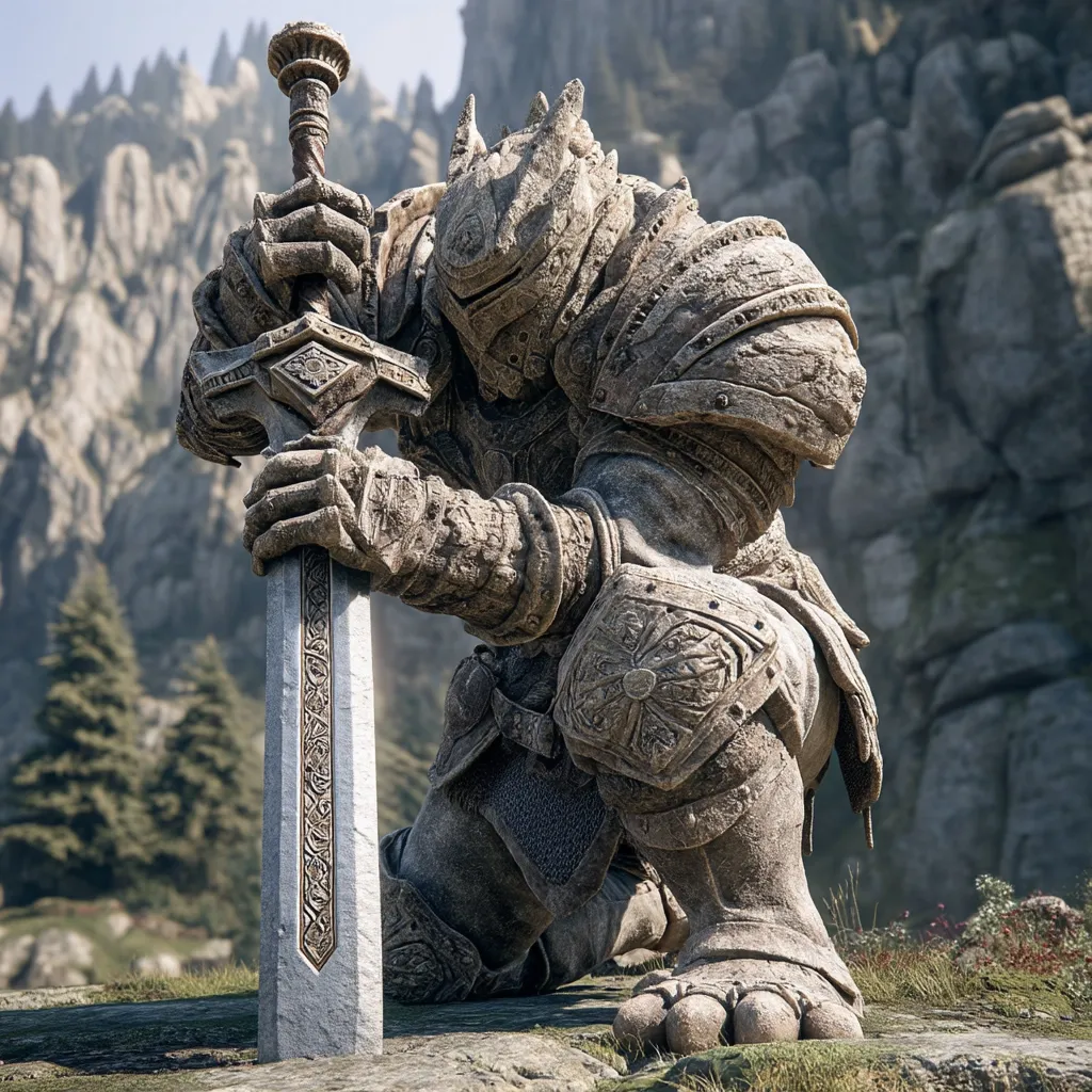 A stone knight, seemingly carved from the mountain itself, kneels before a large, intricately designed sword.  The knight's armor is weathered and textured, suggesting age and a connection to the rugged, mountainous landscape behind it. The scene evokes a sense of solemnity and ancient power, perhaps marking a fallen hero or a sacred site.  The detailed craftsmanship of both armor and sword is striking against the muted tones of the natural environment.