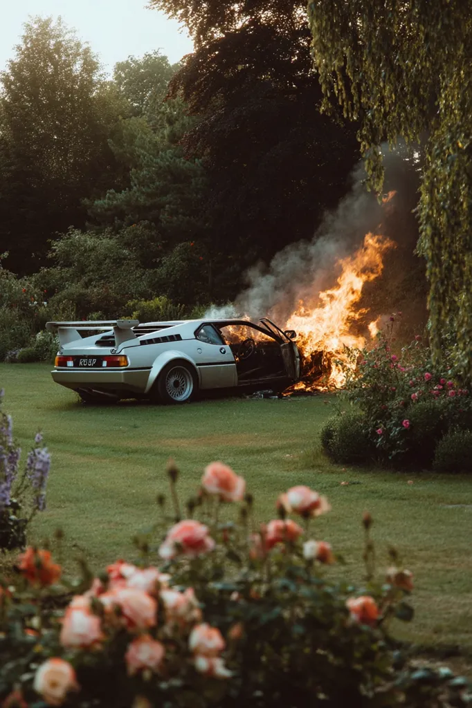 A silver BMW M1 sports car is engulfed in flames on a lush green lawn.  The car's door is open, revealing the interior.  Smoke billows around the burning vehicle, set against a backdrop of mature trees and flowering bushes.  The scene is dramatic, combining the beauty of the garden with the destruction of the car fire. The overall mood is melancholic.